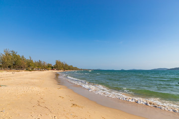 Fototapeta na wymiar Empty shore of tropical beach Otres near Sihanokville in Cambodia