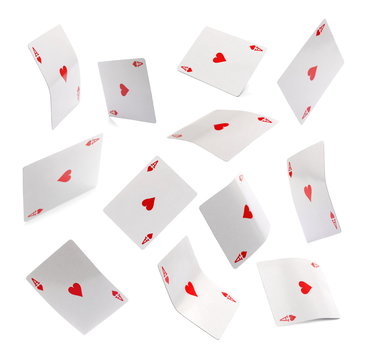 Set flying ace of hearts, playing card, isolated on white background with clipping path