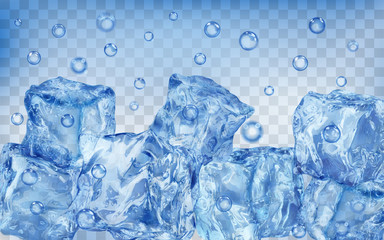 A lot of translucent blue ice cubes and air bubbles under water on transparent background. Transparency only in vector format