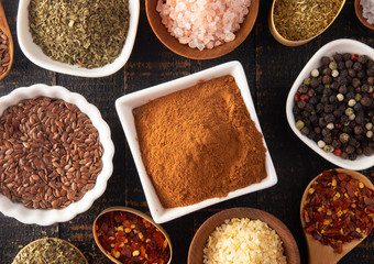 Collage of Various Seasonings Spices and Herbs for Flavorful Cooking and Baking
