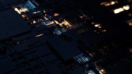 3d Rendering Circuit board futuristic server code processing. Orange,  green, blue technology background with bokeh. 