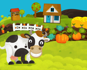 cartoon happy and funny farm scene with happy cow - illustration for children