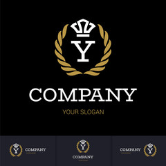 Illustration of Luxury Vintage Crest Logo with letter Y in the Middle and Luxury Crown. Calligraphic Royal Emblems and Elements Logo Icon Template on Black Background