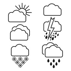 Symbols of weather. Meteorology. The symbol of the sun, rain, thunderstorm, snow. Vector image.