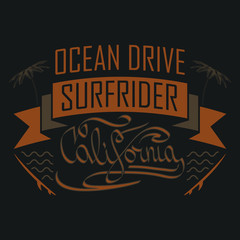 T-shirt Surf Rider. Ocean Drive.  Summer theme. California. Emblem and print for printing on T-shirts, posters, stickers, cards, etc. Vector image.