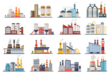 Factory industry manufactory power electricity buildings flat icons set isolated. Urban factory plant landscape vector illustration. - obrazy, fototapety, plakaty