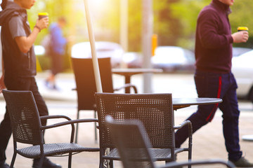 the image of first coffee day in the workplace street walking