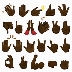 Set of dark black african american hands icons and symbols. Emoji hand icons. Different cartoon gestures, hands, signals and signs set vector illustration.