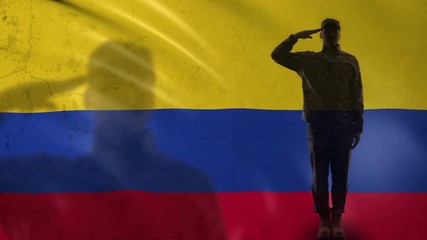 Colombian soldier silhouette saluting against national flag, defense agency - Powered by Adobe