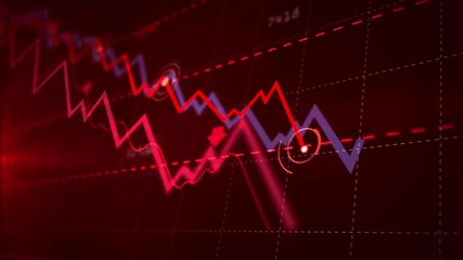 Recession, business crash, markets down, economic collapse and stock crisis concept. Red dynamic downward trend chart. 3d seamless and loopable animation.
