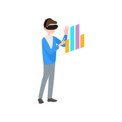 Man wear virtual reality glasses and analyze financial graph