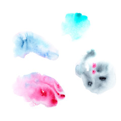 watercolor colored blots: pink, blue, gray, purple.