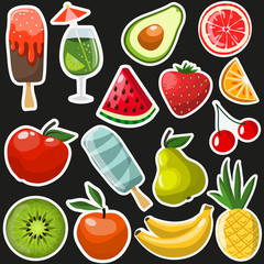 Stickers with summer food and drinks. Colorful vector illustration