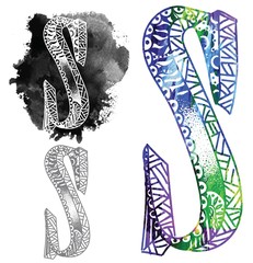 Letter S. Dudling drawing, mandala. Alphabet in the style of dudling, letters of the alphabet. Drawing from the hands, points, waves, scales.