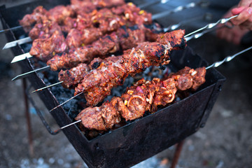 roasted meat, skewers with onions on skewers on the grill