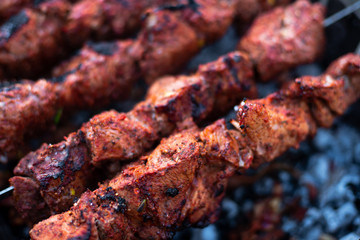 roasted meat, skewers with onions on skewers on the grill