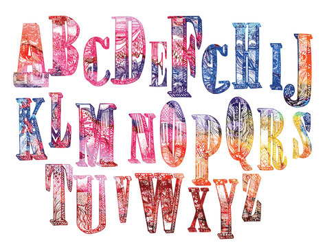 Alphabet. set of letters.  Dudling drawing, mandala. Alphabet in the style of dudling, letters of the alphabet. Drawing from the hands, points, waves, scales.