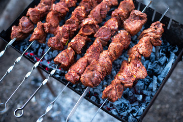roasted meat, skewers with onions on skewers on the grill
