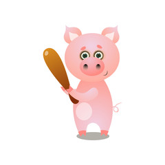 Cute pink pig playing baseball with wood bat
