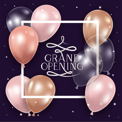 square frame with grand opening message and balloons helium