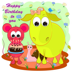birthday greeting card with donkey and mouse. cartoon vector illustration with mouse and donkey.