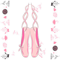 Obraz na płótnie Canvas Sketch silhouette hand drawn pointes shoes, bow in pink colors.