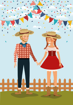 farmers couple celebrating with garlands and fence