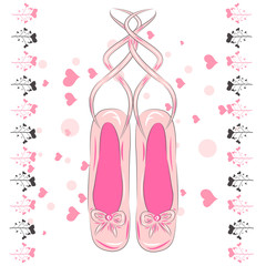 Sketch silhouette hand drawn pointes shoes, bow in pink colors.