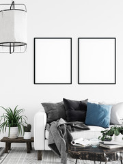 Frame & Poster mock up in living room.  Scandinavian interior. 3d rendering, 3d illustration