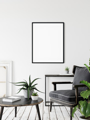 Frame & Poster mock up in living room.  Scandinavian interior. 3d rendering, 3d illustration