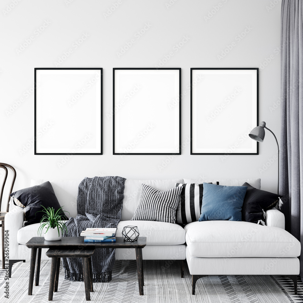 Wall mural Frame & Poster mock up in living room.  Scandinavian interior. 3d rendering, 3d illustration