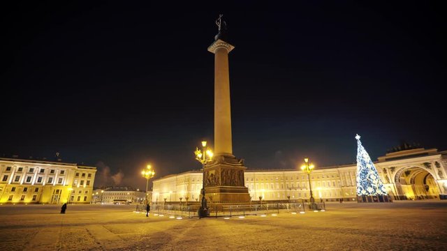 Dolly Shot of the Alexander Column on a Winter's Night in St Petersburg