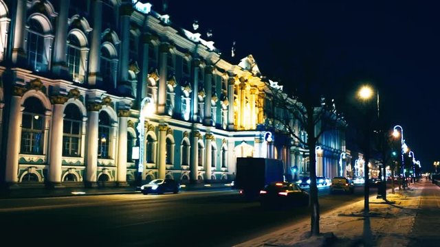 Slow Motion Shot of the Hermitage from the Street as Cars Pass By