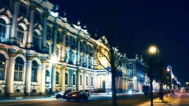 Slow Motion Dolly Shot of the Hermitage Museum Façade at Night