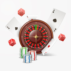 Playing cards and poker chips fly casino with blurred elements. Casino roulette concept on white background. Vector illustration.