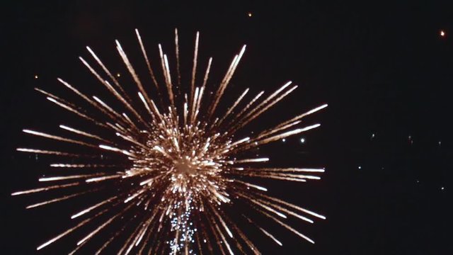 Firework Spiraling Up and Exploding with Glittery Embers TILT UP SLOW MOTION