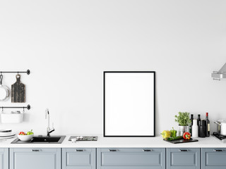 Frame & Poster mock up in kitchen.  Scandinavian interior. 3d rendering, 3d illustration