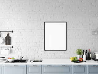 Frame & Poster mock up in kitchen.  Scandinavian interior. 3d rendering, 3d illustration