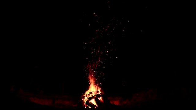 A small fire in the complete darkness.
