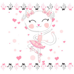 Hand drawn beautiful, lovely, little ballerina cat.