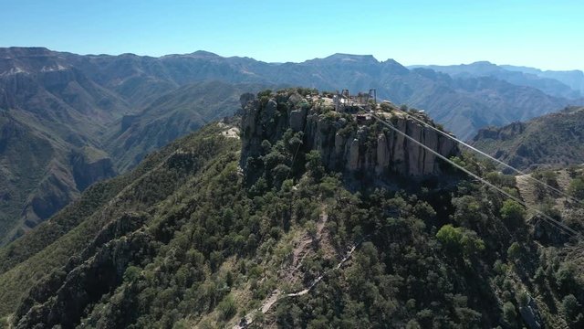 Aerial drone view over the cable cars of Copper Canyon in Barrancas del Cobre, Chihuahua, Mexico