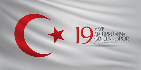 May 19 Commemoration of Ataturk, Youth and Sports Day. Billboard, Poster, Social Media, Greeting Card template. (Turkish: 19 Mayis Ataturk'u Anma, Genclik ve Spor Bayrami Kutlu Olsun.)