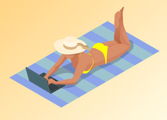 Isometric young woman working on the beach with a laptop on a sunny day, feeling of relaxing. Freelance or Blogging concept. Work with pleasure.