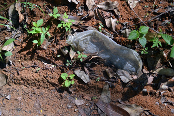 Plastic bottle thrown in nature. at least 100 years to decompose