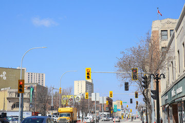 Winnipeg, Manitoba / Canada - May 2, 2019: Downtown Street Traffic. Beautiful Sunny Day.