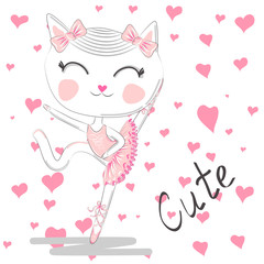 Obraz na płótnie Canvas Cute dancing cat in a pink dress on blue background. Ballerina love dancing.