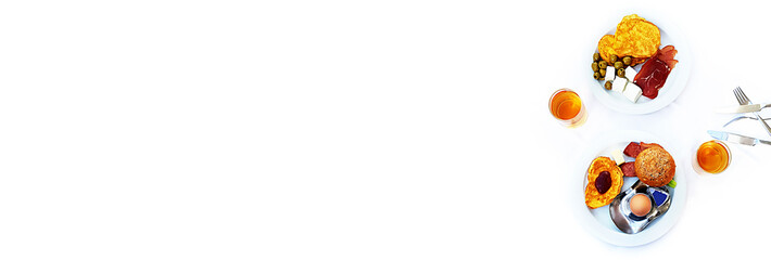 horizontal banner breakfast on table isolated on white