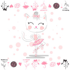 Hand drawn beautiful, lovely, little ballerina with cat.