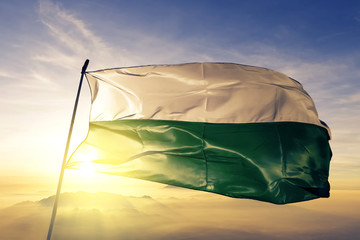 Styria state of Austria flag waving on the top sunrise mist fog