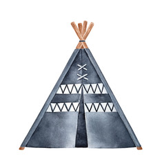 Black and white tipi tent watercolour illustration. One single object, front view, triangular shape. Hand drawn water color graphic painting, cut out clip art element for creative design decoration. © Julija